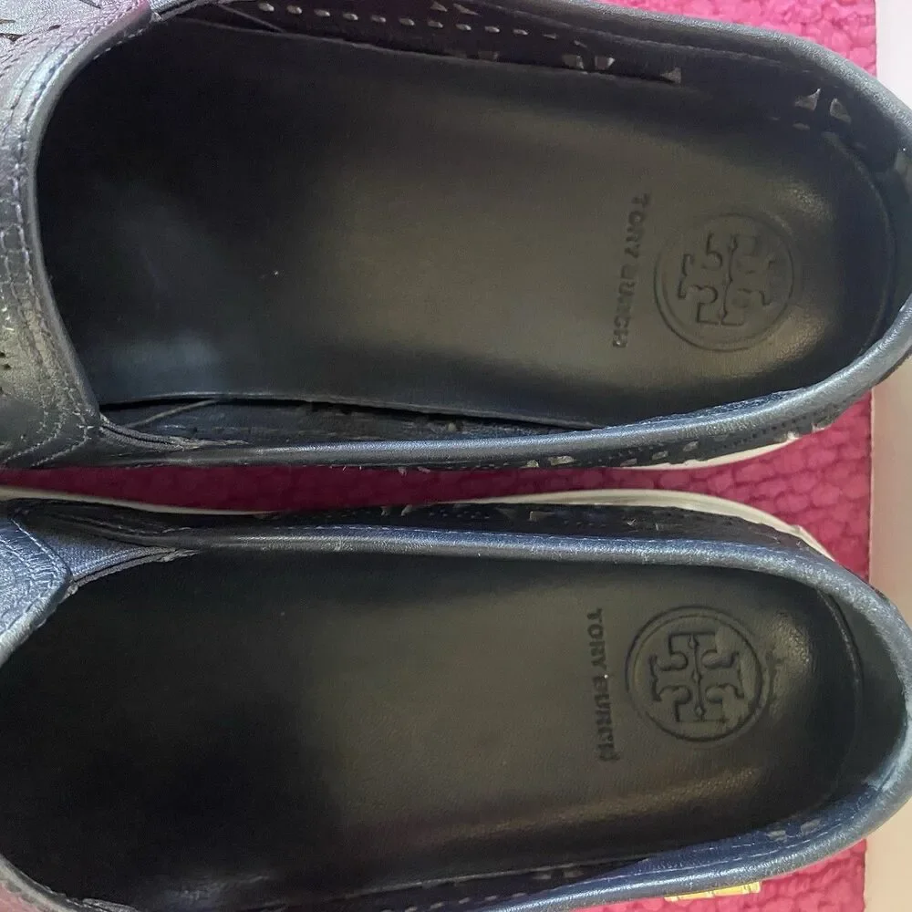 Tory Burch Lennon Slip On Leather Sneakers Laser Perforated Navy Blue Size 8.5M